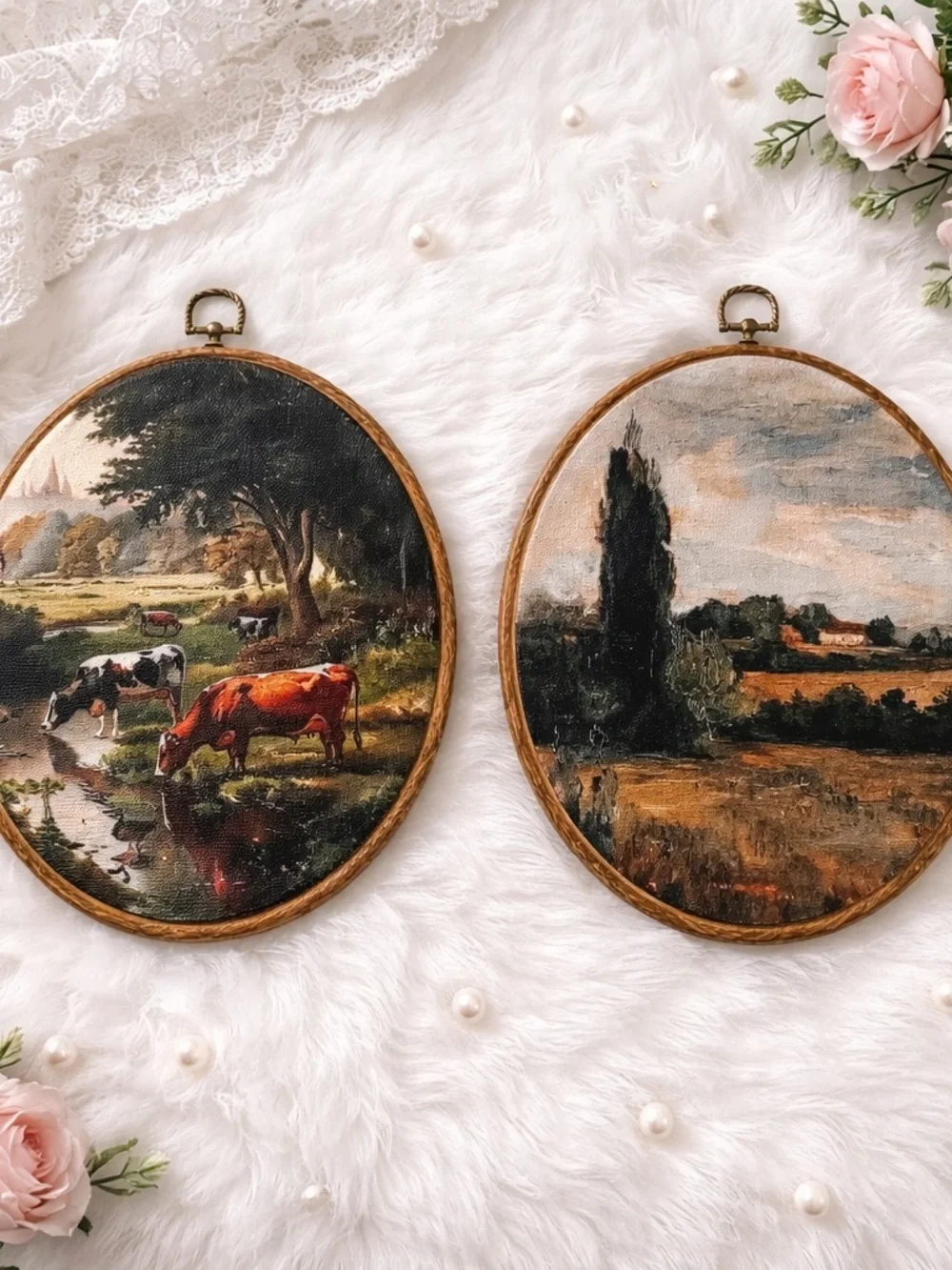 Paintings of (2) Pastoral Country Landscape Scenery Wall Art Decor Cows Oval EUC
